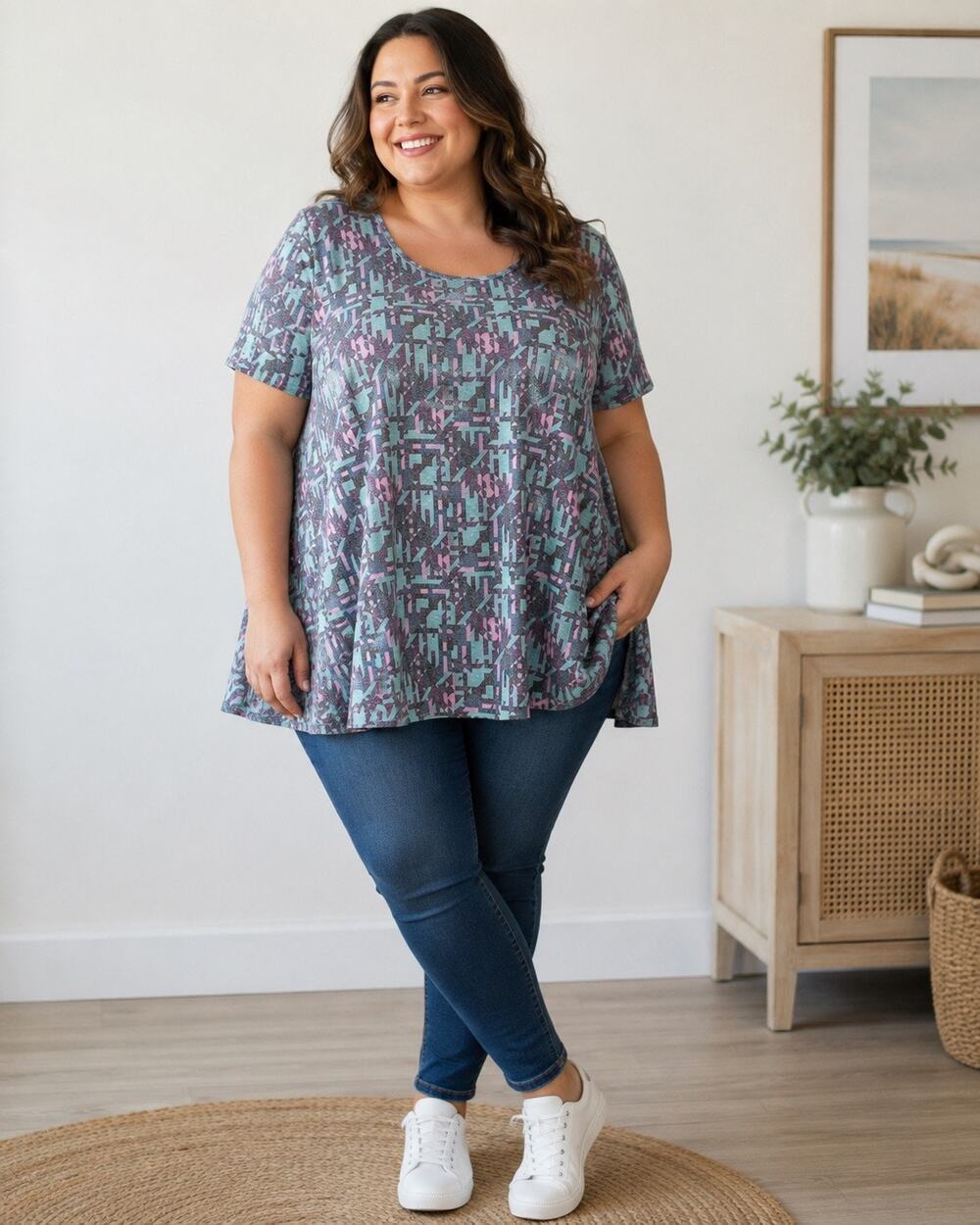 LuLaRoe Perfect T 2XL NWT Abstract Geometric Print Aqua Pink Gray Tunic Top